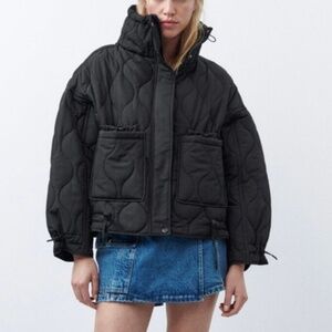 Zara Quilted Oversized Cropped Jacket Black Medium